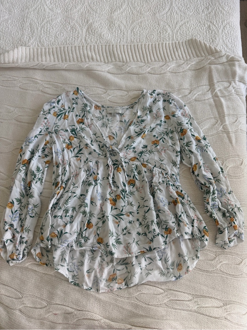 Lucky Brand White Floral Tie-Front Peplum Blouse with Yellow & Green Print